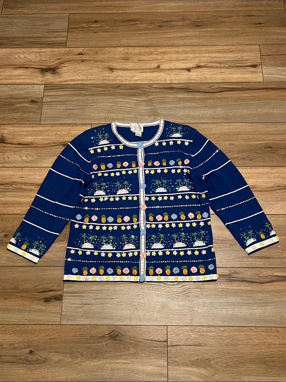 Just B Embellished Floral & Pineapple Cardigan Blue Tropical Sweater Medium